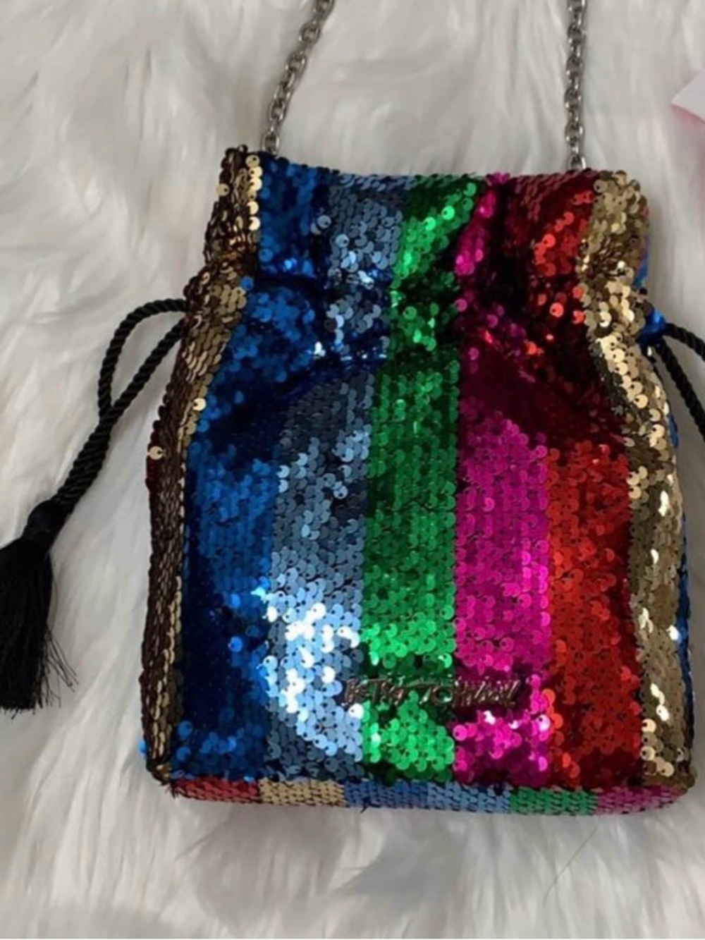 Betsey Johnson Multicolor Sequin Drawstring Crossbody Bag brand new never worn